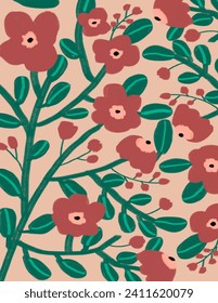 Pink flowers patterns on nude color background for business presentation, branding package, fabric print, wallpaper, social media post, doodle, notes, book covers, wall decor.