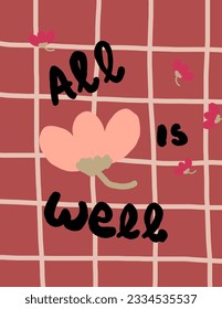 Flores rosas con una nota "la vida está bien" en un fondo rosado. estética para papel de pared, decoración de pared, cubiertas de plantillas, impresiones de arte, etc.