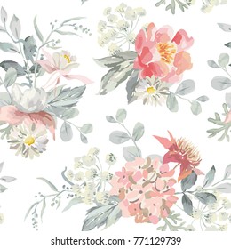 Pink flowers with pearly gray leaves on the white background. Watercolor vector seamless pattern. Romantic illustration. Cottage garden bouquets.
