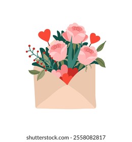 Pink flowers and plants, Hearts in craft envelope. Romantic Valentine's Day gift. Composition of roses for flower shop. February 14 celebration card. Square Background. Vector flat illustration.