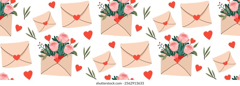 Pink flowers and plants, Hearts in craft envelope seamless pattern. Romantic Valentines or mother, women day celebration background. Composition of roses. For textile, packaging. Vector illustration.