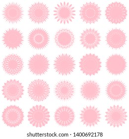 Pink Flowers / Pseudo-Snowflakes on white background. Sharp set of 25 items. 18 (eighteen) angles. - Vector