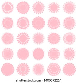 Pink Flowers / Pseudo-Snowflakes on white background. Sharp set of 25 items. 18 (eighteen) angles. - Vector