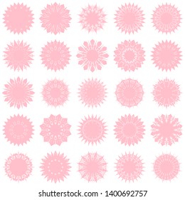 Pink Flowers / Pseudo-Snowflakes on white background. Sharp set of 25 items. 12 (twelve) angles. - Vector