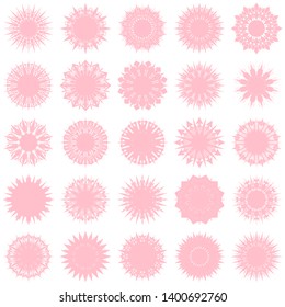 Pink Flowers / Pseudo-Snowflakes on white background. Sharp set of 25 items. 12 (twelve) angles. - Vector