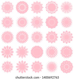 Pink Flowers / Pseudo-Snowflakes on white background. Sharp set of 25 items. 12 (twelve) angles. - Vector