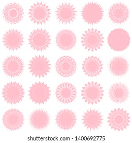 Pink Flowers / Pseudo-Snowflakes on white background. Sharp set of 25 items. 18 (eighteen) angles. - Vector