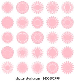 Pink Flowers / Pseudo-Snowflakes on white background. Sharp set of 25 items. 18 (eighteen) angles. - Vector