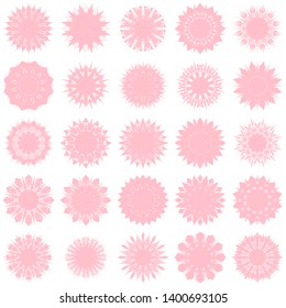 Pink Flowers / Pseudo-Snowflakes on white background. Sharp set of 25 items. 12 (twelve) angles. - Vector