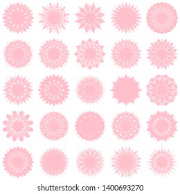 Pink Flowers / Pseudo-Snowflakes on white background. Sharp set of 25 items. 12 (twelve) angles. - Vector