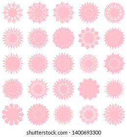 Pink Flowers / Pseudo-Snowflakes on white background. Sharp set of 25 items. 11 (eleven) angles. - Vector