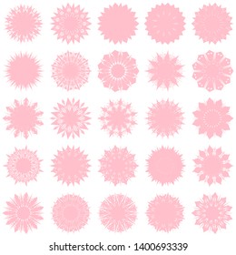 Pink Flowers / Pseudo-Snowflakes on white background. Sharp set of 25 items. 11 (eleven) angles. - Vector