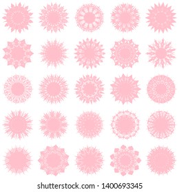 Pink Flowers / Pseudo-Snowflakes on white background. Sharp set of 25 items. 11 (eleven) angles. - Vector