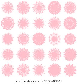 Pink Flowers / Pseudo-Snowflakes on white background. Sharp set of 25 items. 11 (eleven) angles. - Vector