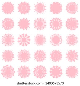 Pink Flowers / Pseudo-Snowflakes on white background. Sharp set of 25 items. 11 (eleven) angles. - Vector