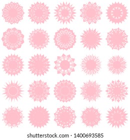 Pink Flowers / Pseudo-Snowflakes on white background. Sharp set of 25 items. 11 (eleven) angles. - Vector