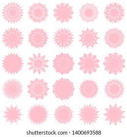 Pink Flowers / Pseudo-Snowflakes on white background. Sharp set of 25 items. 11 (eleven) angles. - Vector
