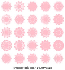 Pink Flowers / Pseudo-Snowflakes on white background. Sharp set of 25 items. 11 (eleven) angles. - Vector