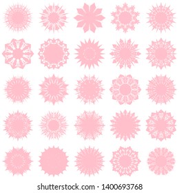 Pink Flowers / Pseudo-Snowflakes on white background. Sharp set of 25 items. 10 (ten) angles. - Vector