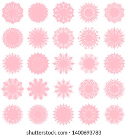 Pink Flowers / Pseudo-Snowflakes on white background. Sharp set of 25 items. 10 (ten) angles. - Vector
