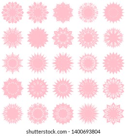 Pink Flowers / Pseudo-Snowflakes on white background. Sharp set of 25 items. 10 (ten) angles. - Vector