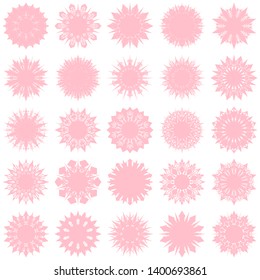 Pink Flowers / Pseudo-Snowflakes on white background. Sharp set of 25 items. 10 (ten) angles. - Vector