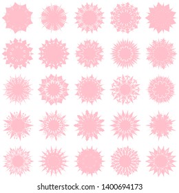 Pink Flowers / Pseudo-Snowflakes on white background. Sharp set of 25 items. 9 (nine) angles. - Vector