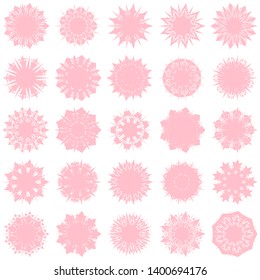 Pink Flowers / Pseudo-Snowflakes on white background. Sharp set of 25 items. 9 (nine) angles. - Vector