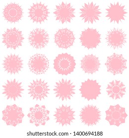 Pink Flowers / Pseudo-Snowflakes on white background. Sharp set of 25 items. 9 (nine) angles. - Vector