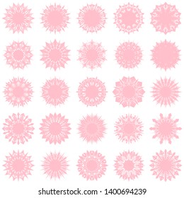 Pink Flowers / Pseudo-Snowflakes on white background. Sharp set of 25 items. 10 (ten) angles. - Vector