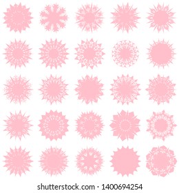 Pink Flowers / Pseudo-Snowflakes on white background. Sharp set of 25 items. 9 (nine) angles. - Vector