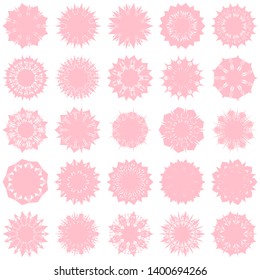 Pink Flowers / Pseudo-Snowflakes on white background. Sharp set of 25 items. 9 (nine) angles. - Vector