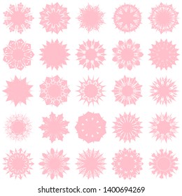 Pink Flowers / Pseudo-Snowflakes on white background. Sharp set of 25 items. 9 (nine) angles. - Vector