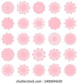 Pink Flowers / Pseudo-Snowflakes on white background. Sharp set of 25 items. 9 (nine) angles. - Vector