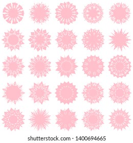 Pink Flowers / Pseudo-Snowflakes on white background. Sharp set of 25 items. 9 (nine) angles. - Vector