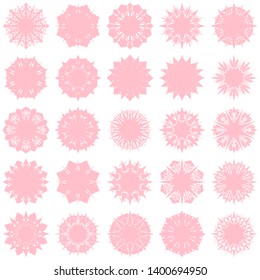 Pink Flowers / Pseudo-Snowflakes on white background. Sharp set of 25 items. 8 (eight) angles. - Vector