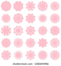 Pink Flowers / Pseudo-Snowflakes on white background. Sharp set of 25 items. 8 (eight) angles. - Vector