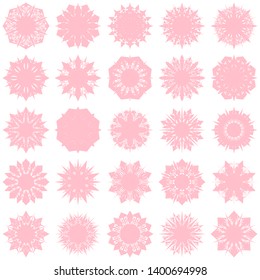 Pink Flowers / Pseudo-Snowflakes on white background. Sharp set of 25 items. 8 (eight) angles. - Vector