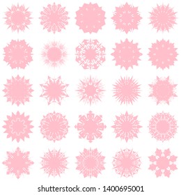 Pink Flowers / Pseudo-Snowflakes on white background. Sharp set of 25 items. 8 (eight) angles. - Vector