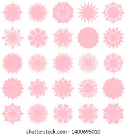 Pink Flowers / Pseudo-Snowflakes on white background. Sharp set of 25 items. 8 (eight) angles. - Vector