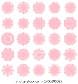 Pink Flowers / Pseudo-Snowflakes on white background. Sharp set of 25 items. 8 (eight) angles. - Vector