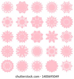 Pink Flowers / Pseudo-Snowflakes on white background. Sharp set of 25 items. 8 (eight) angles. - Vector