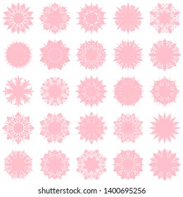 Pink Flowers / Pseudo-Snowflakes on white background. Sharp set of 25 items. 8 (eight) angles. - Vector