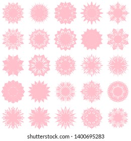 Pink Flowers / Pseudo-Snowflakes on white background. Sharp set of 25 items. 8 (eight) angles. - Vector