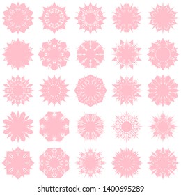 Pink Flowers / Pseudo-Snowflakes on white background. Sharp set of 25 items. 8 (eight) angles. - Vector