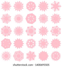 Pink Flowers / Pseudo-Snowflakes on white background. Sharp set of 25 items. 7 (seven) angles. - Vector