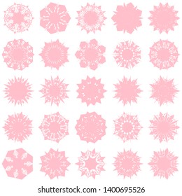 Pink Flowers / Pseudo-Snowflakes on white background. Sharp set of 25 items. 7 (seven) angles. - Vector