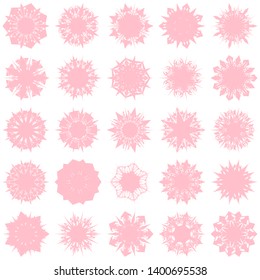 Pink Flowers / Pseudo-Snowflakes on white background. Sharp set of 25 items. 7 (seven) angles. - Vector