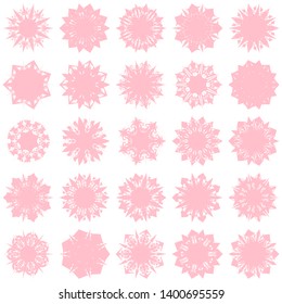 Pink Flowers / Pseudo-Snowflakes on white background. Sharp set of 25 items. 7 (seven) angles. - Vector