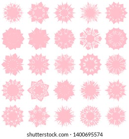 Pink Flowers / Pseudo-Snowflakes on white background. Sharp set of 25 items. 7 (seven) angles. - Vector